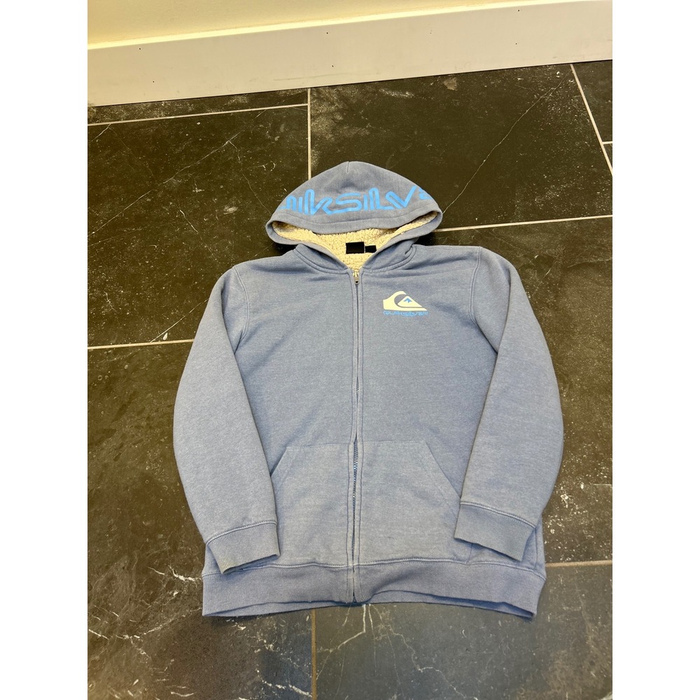 Quiksilver Boys Blue Sherpa Lined Full Zip Hoodie Logo Sweatshirt Size L 14/16